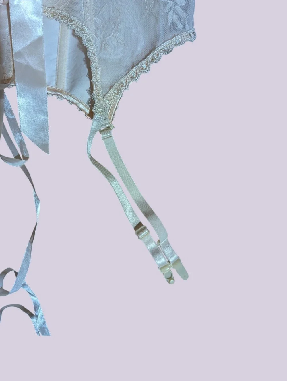 New Ivory Lace Strapless Boned Corset Bustier Satin Ribbons Garters Sexy Sz 1x